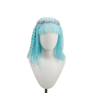 Light blue cosplay wig with bangs, braided hair and sparkling tiara for party role play