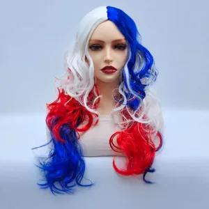 Long wavy synthetic wig red white and blue colored curly hair for party cosplay stage show