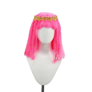 Pink short cosplay wig with neat bangs, braided strands and exquisite golden crown detail.