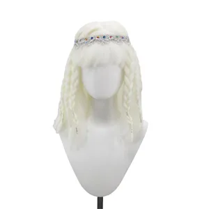 White short cosplay wig with bangs, braided details and colourful gemstone headband for party.