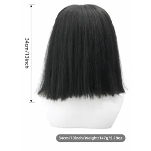 Short black bob wig for cosplay party and daily wear, length 34cm, lightweight 147g.