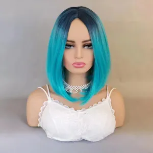 Ombre blue green short bob wig with middle part, heat resistant synthetic daily party hair.