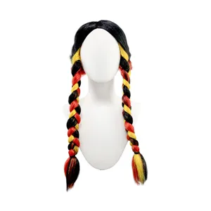 Detailed view of the tricolor braided wig in black, red, and yellow, perfect for fan events.