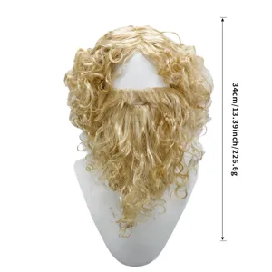 Gedetailleerd overzicht van de gouden krullende kerstmanpruik met bijpassende baard.