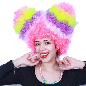 Colorful afro curly wig detail view, vibrant party costume hair accessory for events.