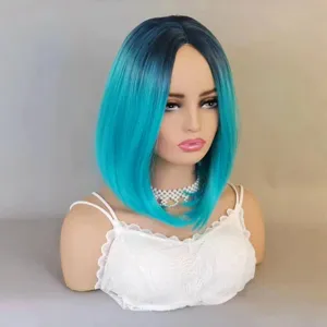 Close-up detail of the blue green gradient short straight wig on a mannequin with lace top.