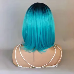 Blue green gradient short wig detail back view showcasing smooth straight hair texture and color.