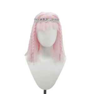 Pink bob wig with bangs braids and sparkling tiara for cosplay party and daily wear