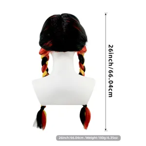 World cup national flag color braided wig detail view, 26 inch long synthetic hair pigtails.