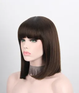 Dark brown shoulder length bob wig with bangs synthetic fiber short hair detailed view