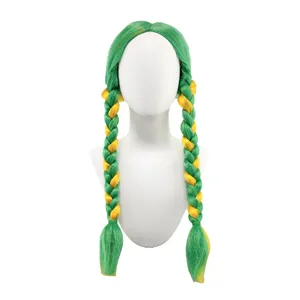 Green yellow braided wig for women cosplay party performance dual pigtails center part hair.