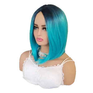 Ombre blue green short bob wig synthetic gradient shoulder length straight hair