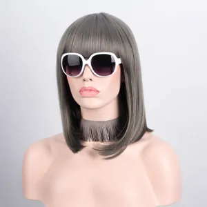 Grey medium length bob synthetic wig with full bangs on mannequin head, stylish hair.