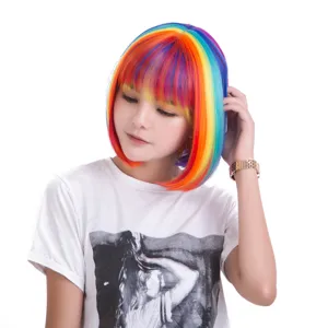Colorful rainbow bob wig short synthetic hair for women party cosplay festival daily wear style