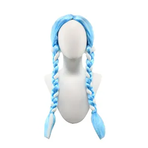 Blue white twin braided wig synthetic hair cosplay costume party performance hair piece extension