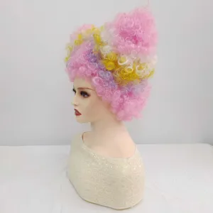 Detailed view of the colorful fluffy wig, featuring vibrant pink, yellow, purple curls.