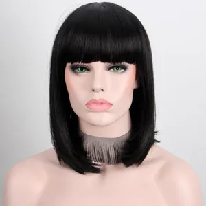 Women Bob Wig Shoulder Length Straight Bob Wig With Bangs High Temperature Synthetic Fiber Natural Daily Wig