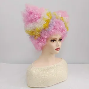 Vibrant multi-color curly party wig, voluminous synthetic hair for cosplay and events.