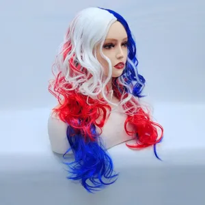 Long wavy synthetic wig with red white and blue tri-color mix for party cosplay events