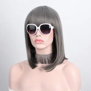 Grey shoulder length bob wig with bangs straight synthetic hair for women daily wear new