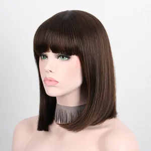 Dark brown shoulder length bob wig with bangs synthetic hair short straight wig for women