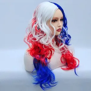 Long wavy synthetic wig in red, white and blue tricolor for cosplay and party events.