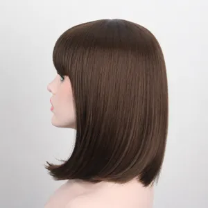 Dark brown short bob wig with bangs, side view display of synthetic hair for daily wear.