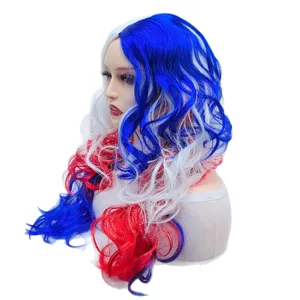Red white and blue long wavy wig for party cosplay synthetic hair fashion costume wig 24 inches