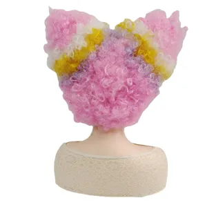 Colorful afro wig with pink yellow white highlights, perfect for party, cosplay, and festival events.