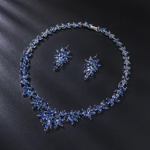 Blue crystal marquise rhinestone necklace and earrings set for elegant wedding party.