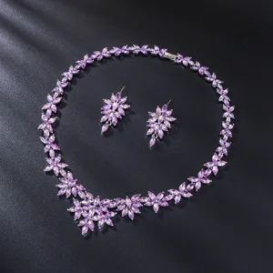 Elegant purple gemstone necklace earrings set, luxury floral design for bridal party jewelry