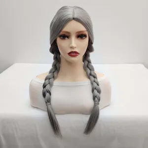 Women Grey Long Braided Wig Middle Part No Bangs High Temperature Synthetic Fiber Wig For Cosplay Daily Party Hair