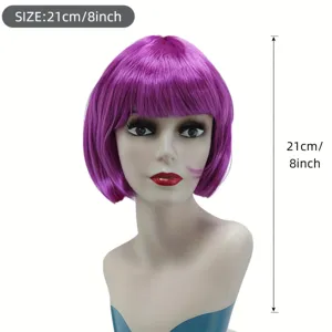 Purple short straight bob wig with bangs, mannequin display detail showing 21cm size.