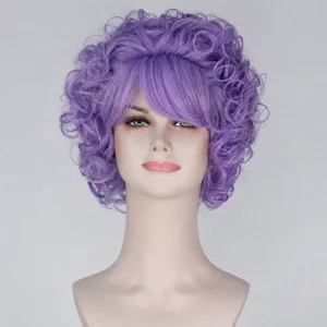 Peluca corta rizada morada pelo sintético esponjoso cosplay fiesta peluca mujer