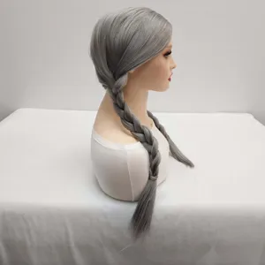 Grey twin braids synthetic wig, long straight braided hairpiece for women cosplay natural look.