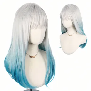Pruik lang stijl verloop lichtgrijs blauw met pony synthetisch haar voor dagelijks cosplay