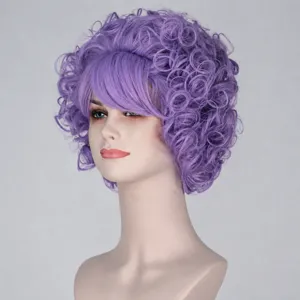 Peluca rizada morada corta para cosplay y uso diario, cabello sintético esponjoso.