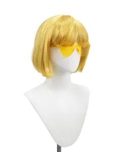 Short bob wig with cute yellow heart sunglasses, perfect detail view for party styling.