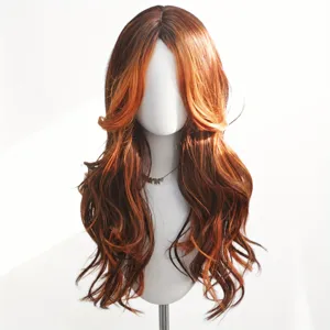 Parrucca sintetica lunga riccia con sfumature arancione miele, frangia centrale per cosplay.