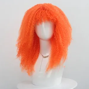 Perruque frisée orange vif avec frange, cheveux synthétiques afro longs pour fête costumée.