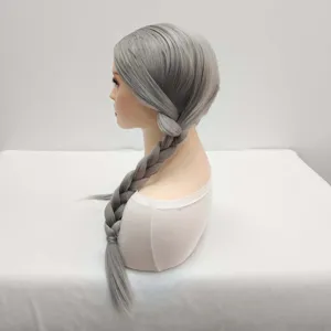 Detailed side view of a long gray braided synthetic wig on a mannequin head, natural look.