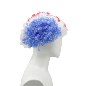 Red white and blue afro curly wig for sports fans cheering and party decoration events.