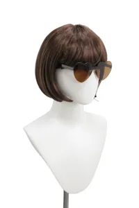 Brown bob wig with bangs and heart sunglasses detail view, short straight hair for women daily wear.