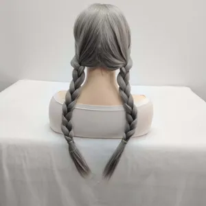 Grey long braided synthetic wig detail view, natural look for daily wear or cosplay styling.