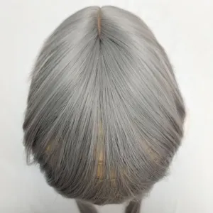 Detailed top view of a stylish grey synthetic wig showing the realistic parting line and hair.