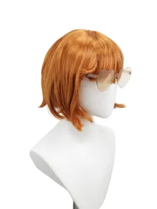 Short orange bob wig with bangs and cute heart sunglasses, perfect for party cosplay use.