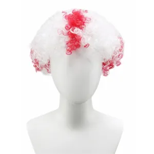 Detailed view of a red and white short curly afro wig for sports fans and party cheering.