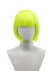Neon yellow short straight bob wig with bangs, perfect for fashion parties and daily wear.