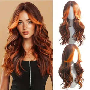 Moda Anime Arancione Parrucca Lunga Riccia Capelli Sintetici Resistenti al Calore Frangia Riga Centrale Parrucche Per Cosplay Festa Quotidiano Donne