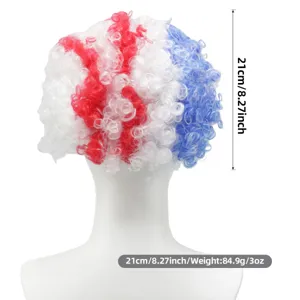 World Cup patriotic red white blue curly afro wig for sports fans cheering and party events.